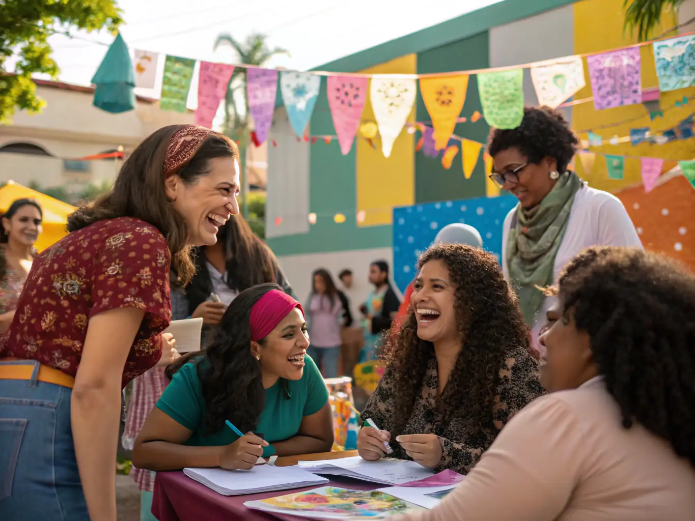 A group photo of women at a community event, smiling and engaging in activities, representing the Community Engagement & Networking opportunities at RTF.